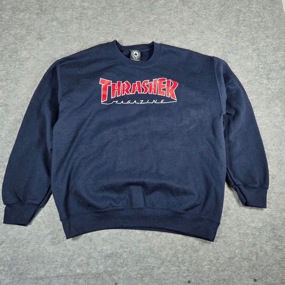 VTG Thrasher Mens Navy Blue Magazine Graphic Pullover Sweatshirt Large